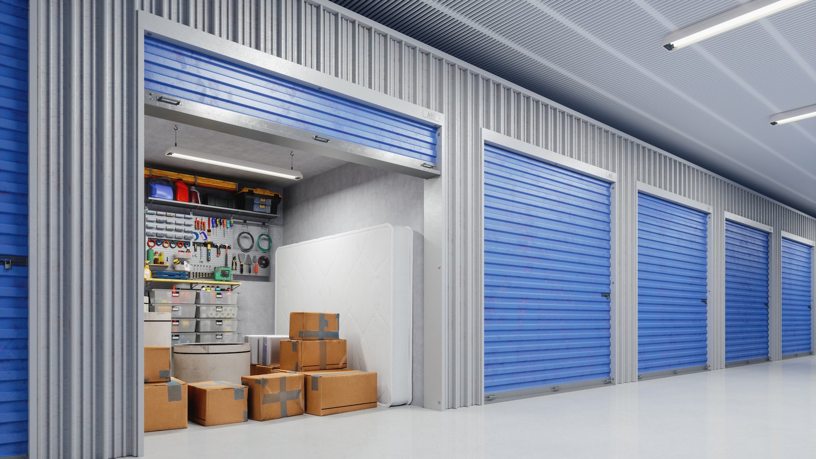Storage unit with boxes and furniture