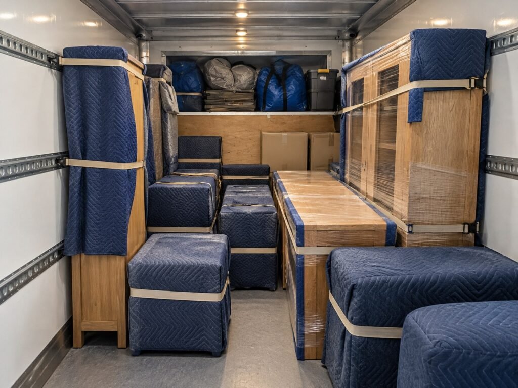 Furniture blanket-wrapped and strapped securely inside a Reliable Moving Services van