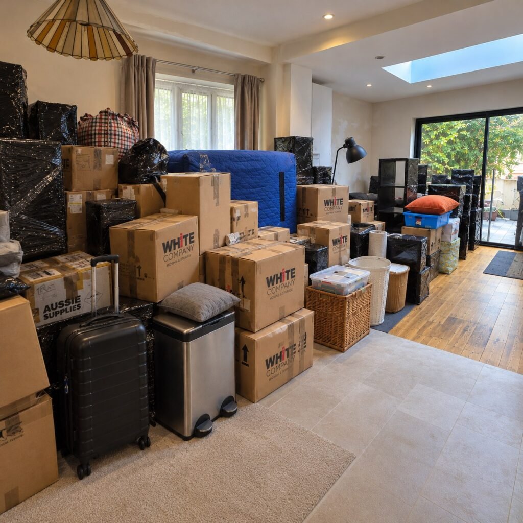Boxes and wrapped furniture packed and ready for a house removal