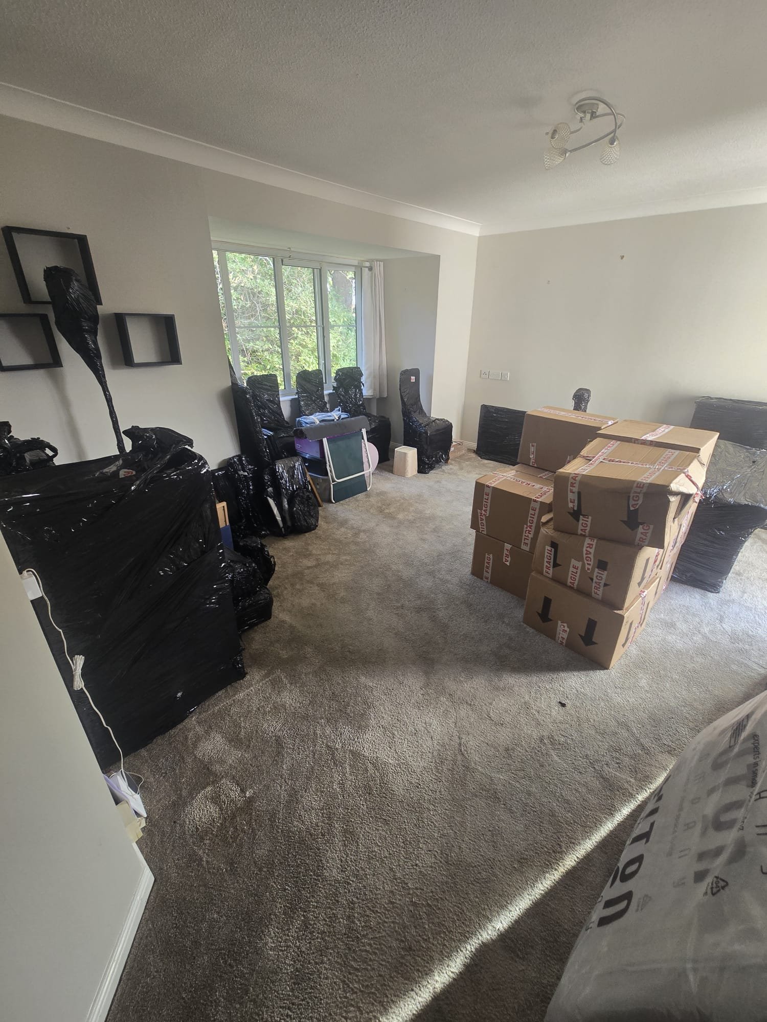 Furniture wrapped in black stretch film and boxes stacked neatly in a living room in Kingston
