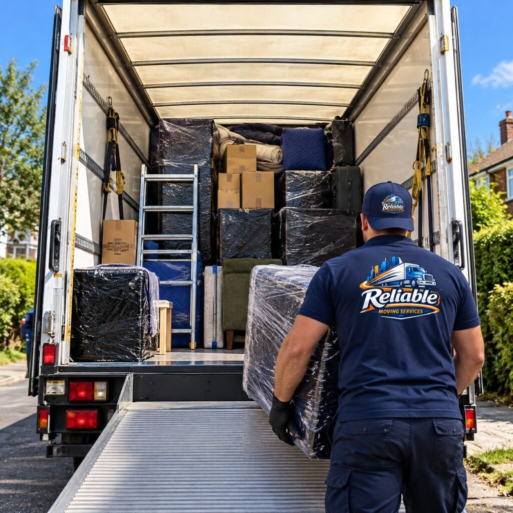 Uniformed Reliable Moving Services mover loading a fully packed removal van