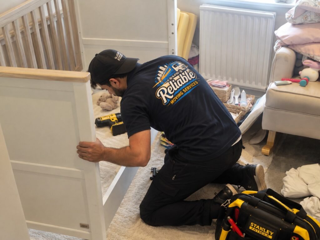 Reliable Moving Services mover dismantling a child's cot before a house move