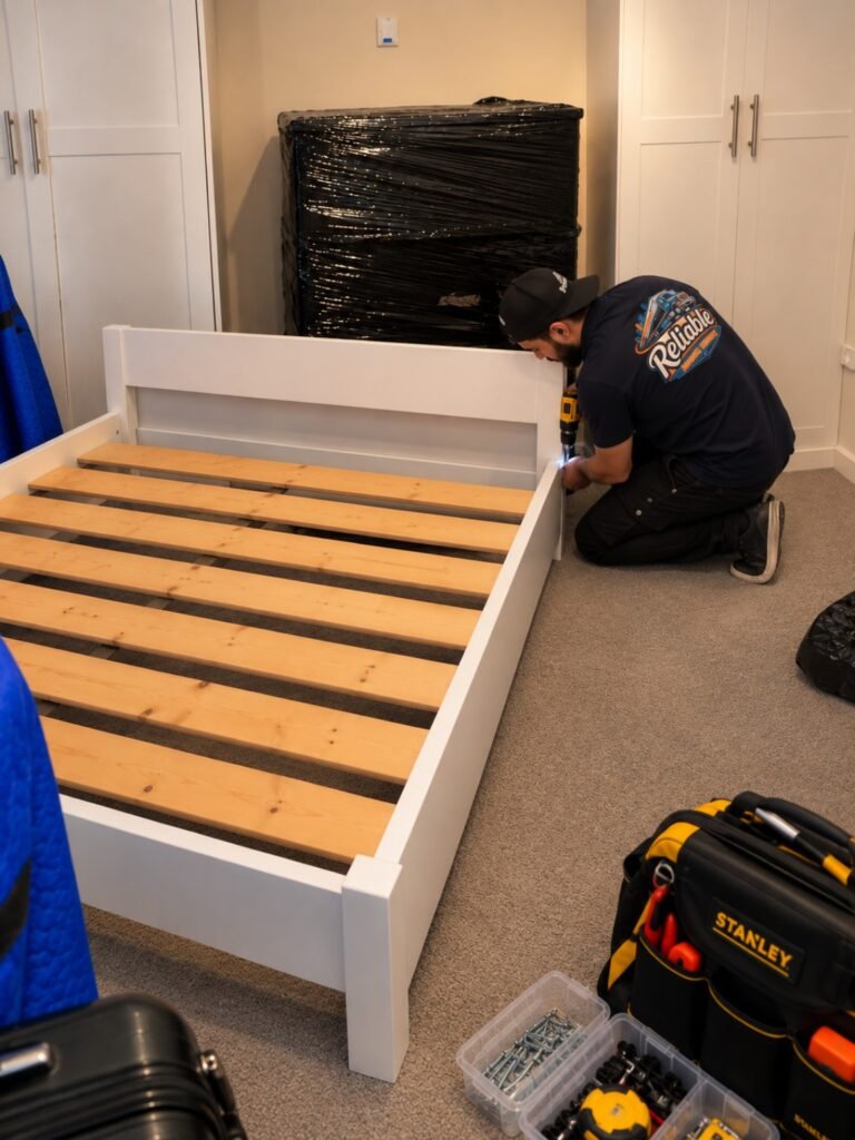 Reliable Moving Services mover rebuilding a bed frame in a customer's new home